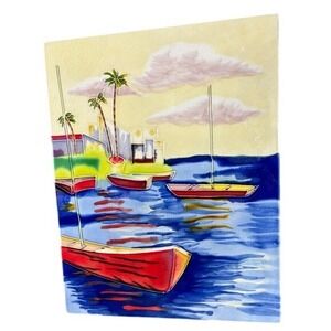 Vintage Nautical Colorful Boat Scene Hand Painted Oversized Ceramic Tile 16" GUC